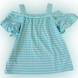 CARTERS NWT- GIRLS AQUA & WHITE -COLD SHOULDER RUFFLE STRIP TOP sz 4/5